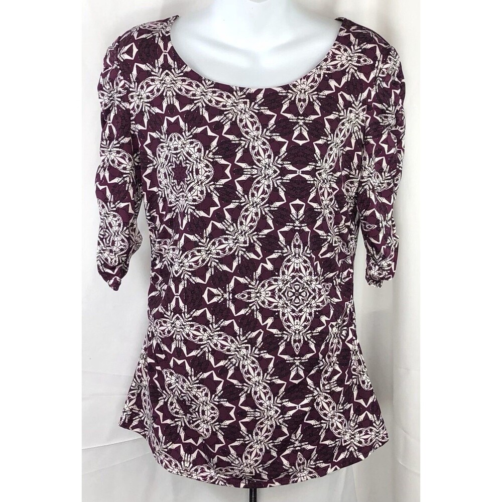 Alfani Top Blouse S Purple Geometric Abstract Ruched 1/2 sleeve Tribal Boho
